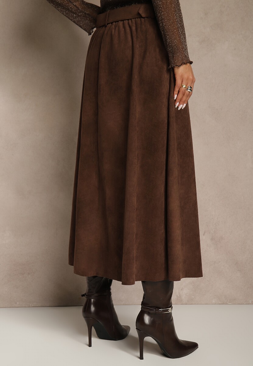 Brązowa Spódnica z Wiskozy z Bawełną z Imitacji Zamszu z Paskiem Oliweda