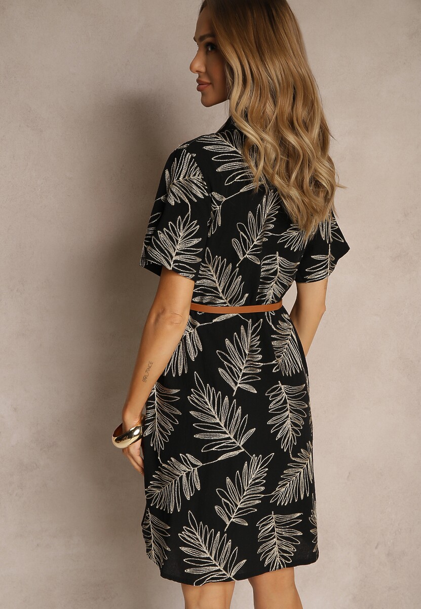 Czarna Bawełniana Sukienka Koszulowa z Paskiem i Motywem Liści Paredia