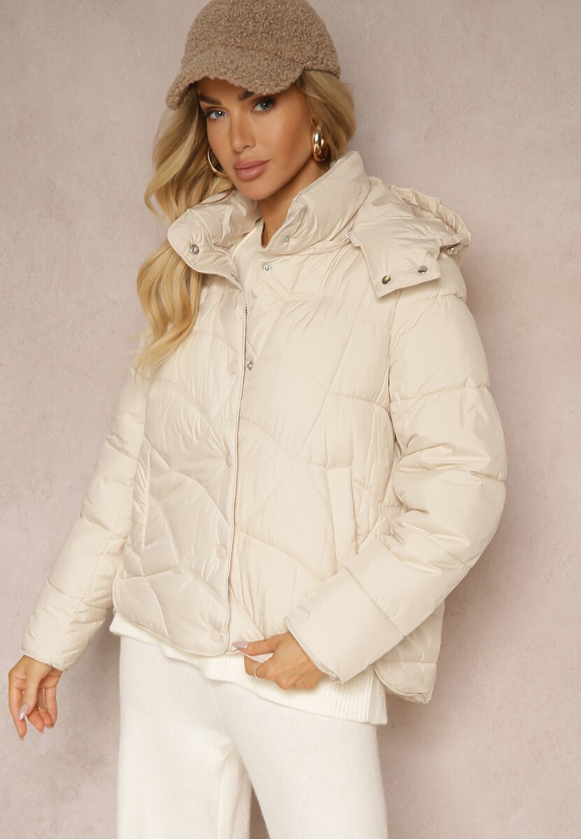 Granatowa Kurtka z Pikowanymi Przeszyciami o Prostym Kroju z Kapturem i Kieszeniami Salielia