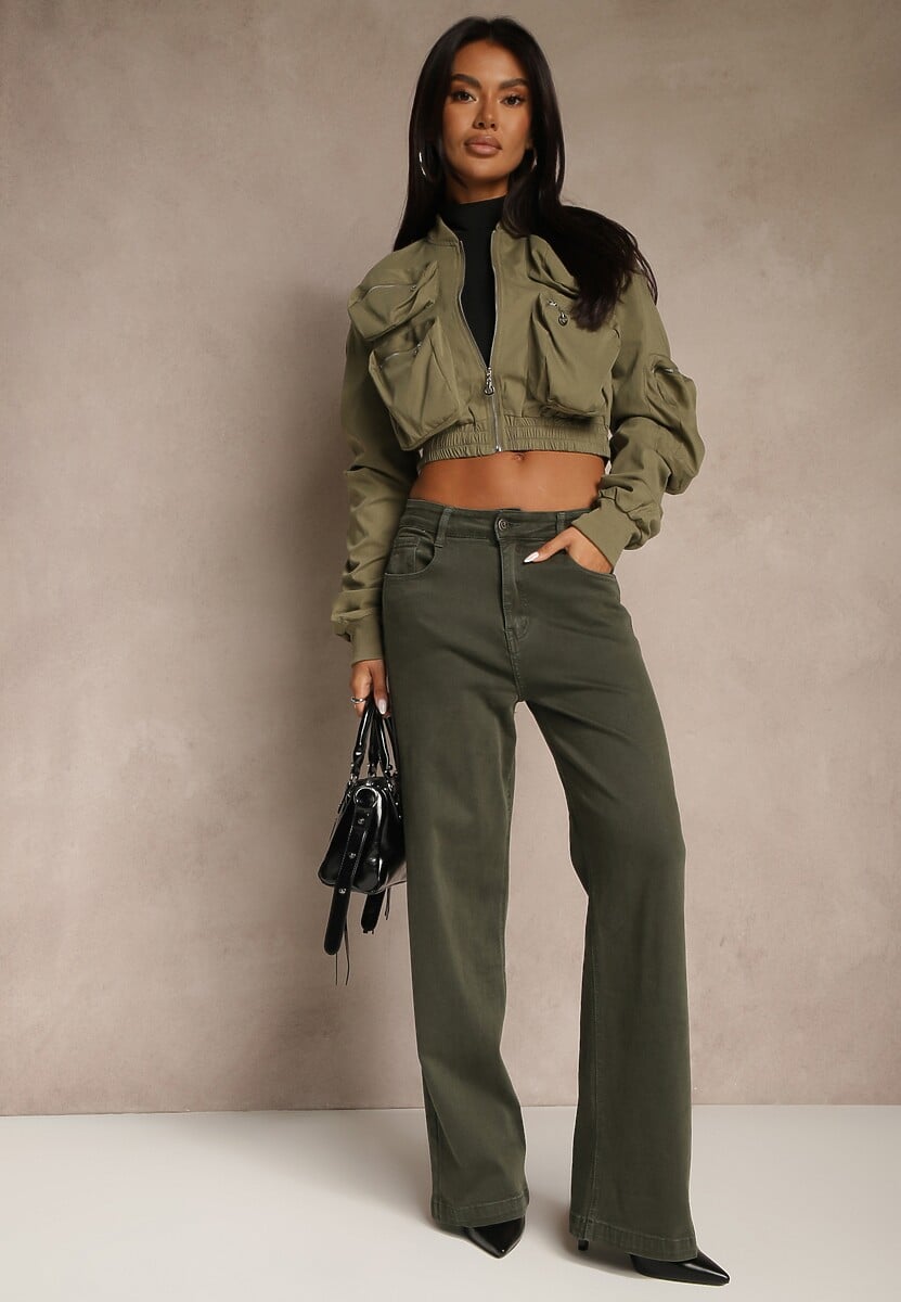 Ciemnozielone Szerokie Jeansy z Bawełny Violore