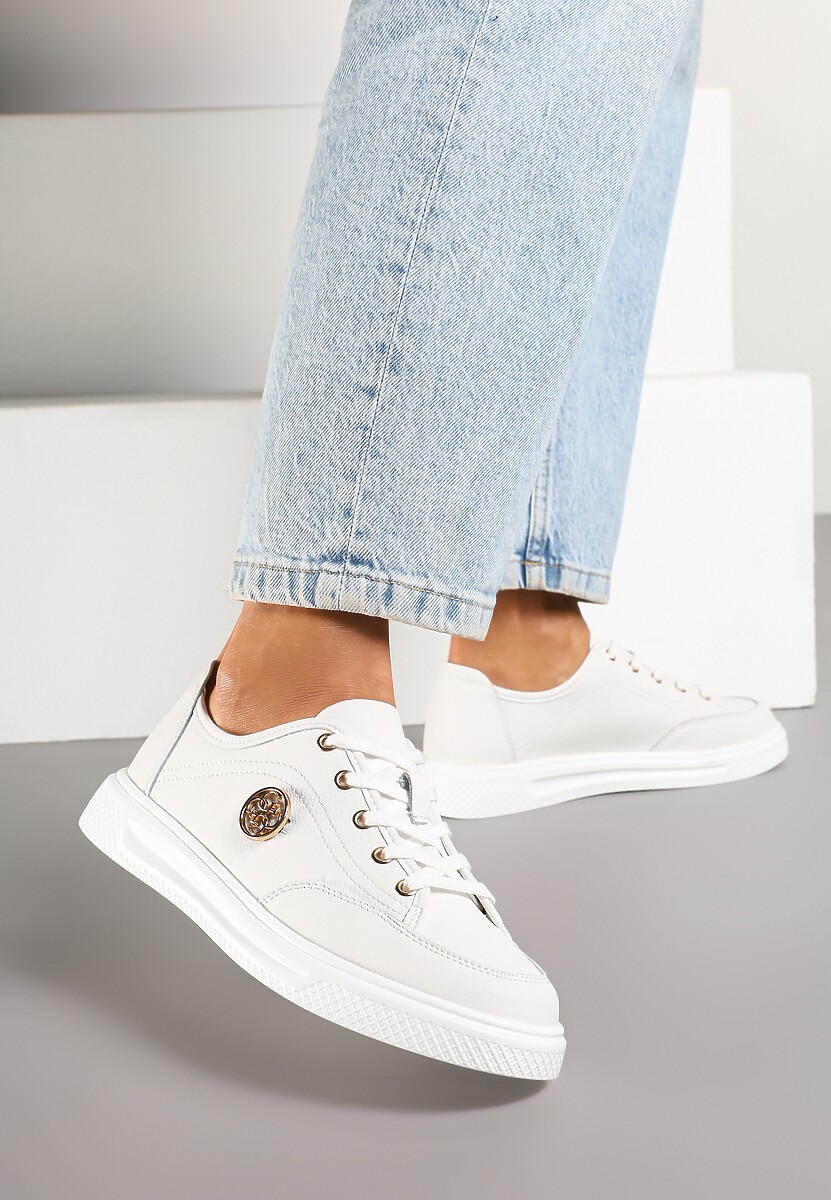 Białe Sneakersy Skórzane Ozdobione Aplikacją Tiramia