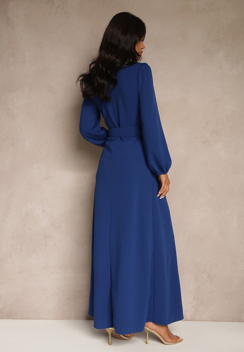 Niebieska Koktajlowa Sukienka o Rozkloszowanym Kroju z Ozdobnym Paskiem Feliera