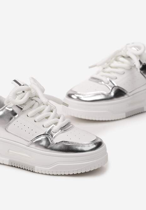 Biało-Srebrne Sneakersy na Platformie Wiązane na Szerokie Sznurowadła Viletra