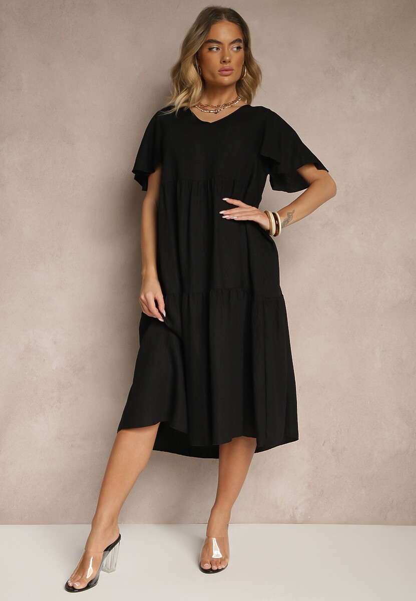 Biała Rozkloszowana Sukienka z Wiskozy z Dekoltem w Serek Natasella