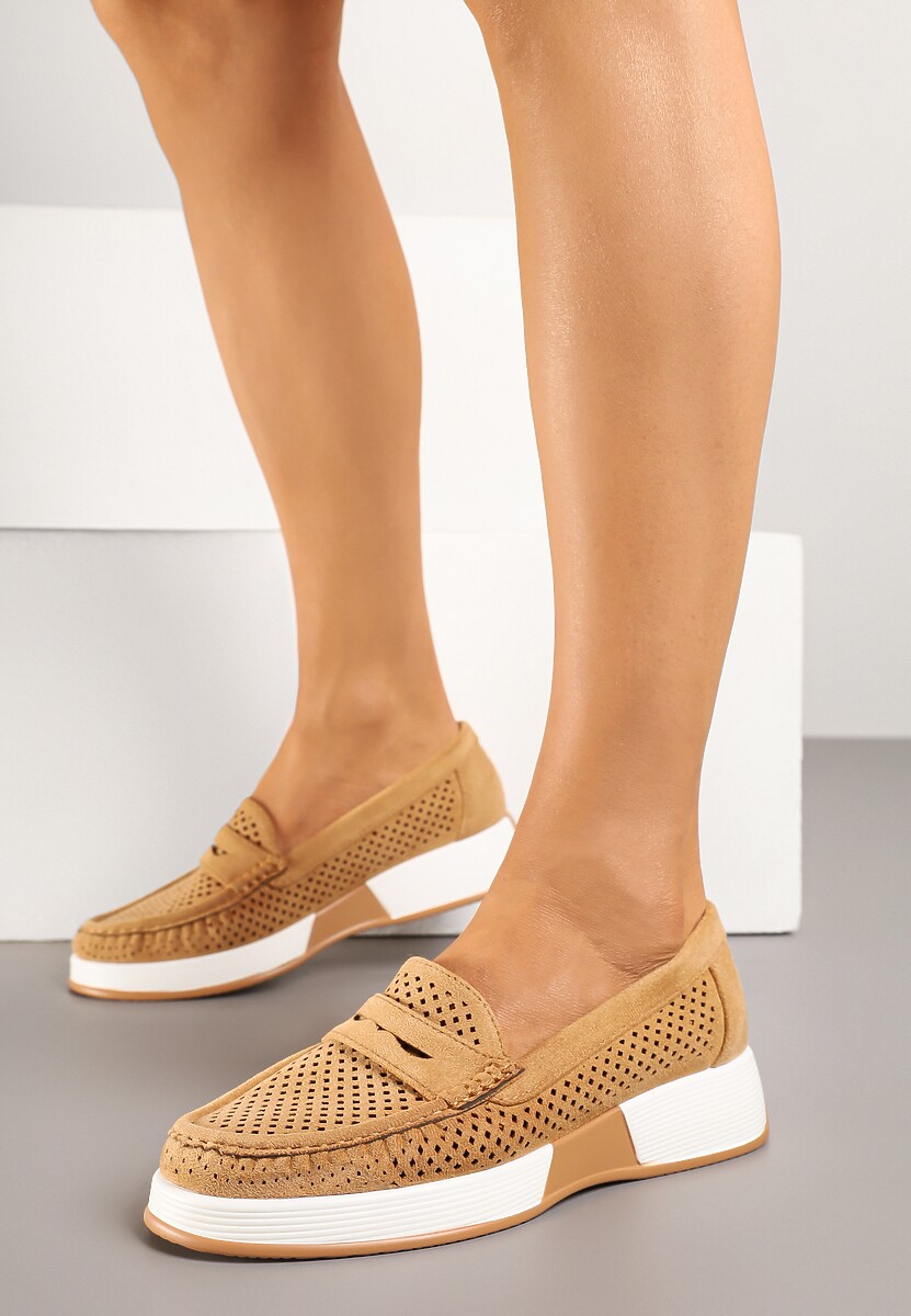 Brązowe Metaliczne Mokasyny z Wkładką ze Skóry Naturalnej i Ażurową Cholewką Lunenia