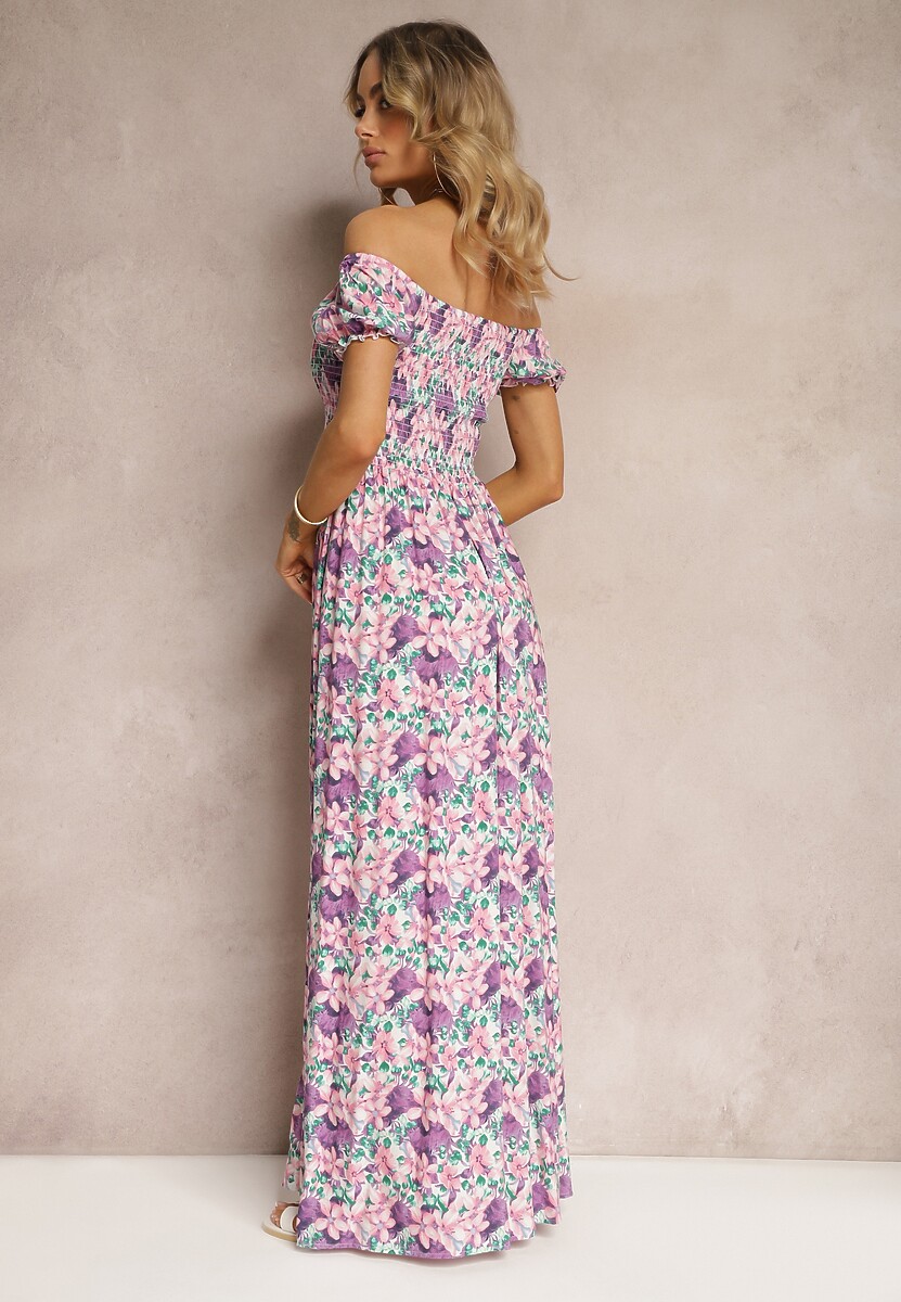 Fioletowo-Różowa Hiszpanka Sukienka o Rozkloszowanym Kroju i Gumkami przy Dekolcie Kaseria