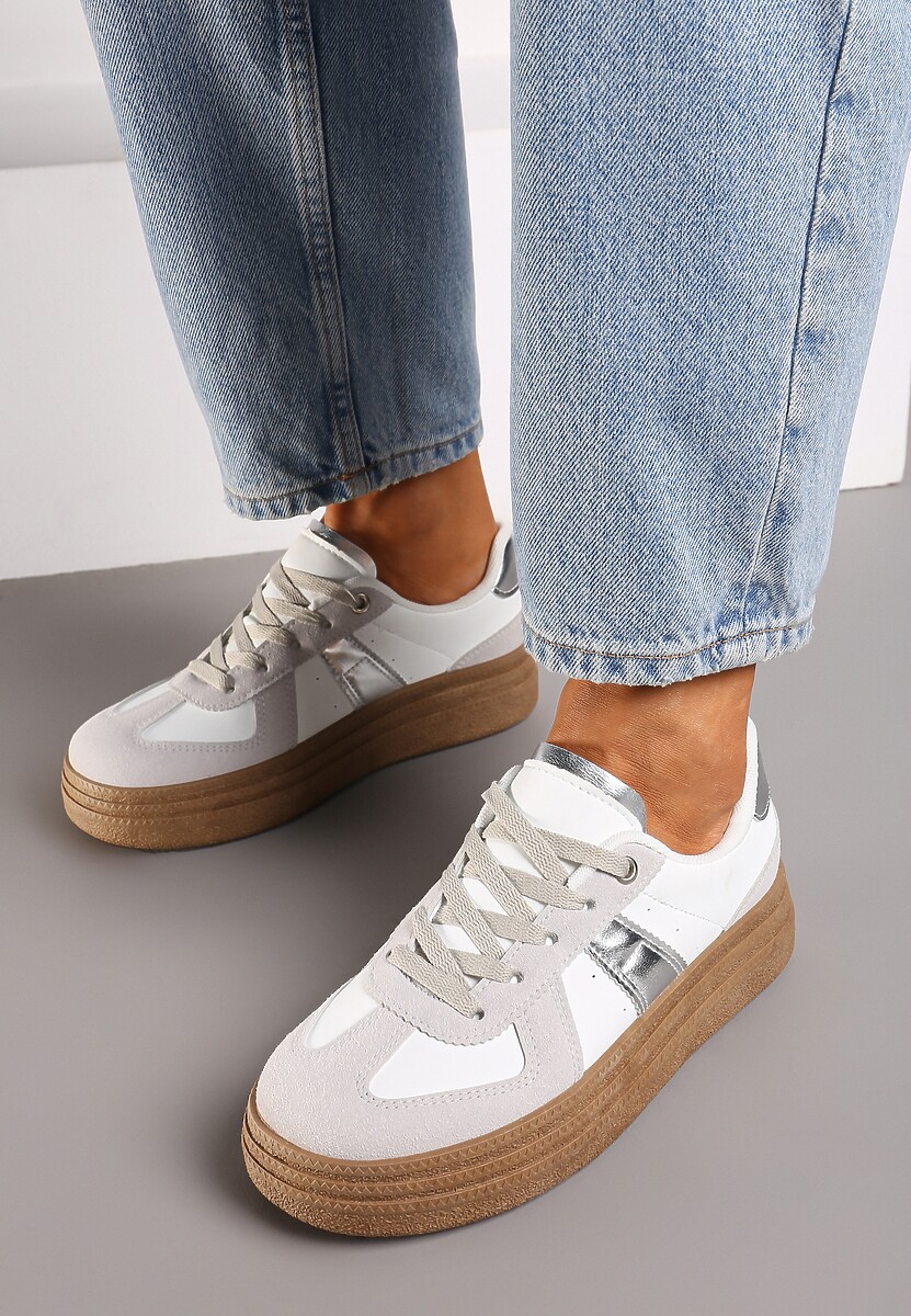Szaro--Srebrne Sneakersy na Grubej Podeszwie z Ozdobnymi Przeszyciami Ysdole