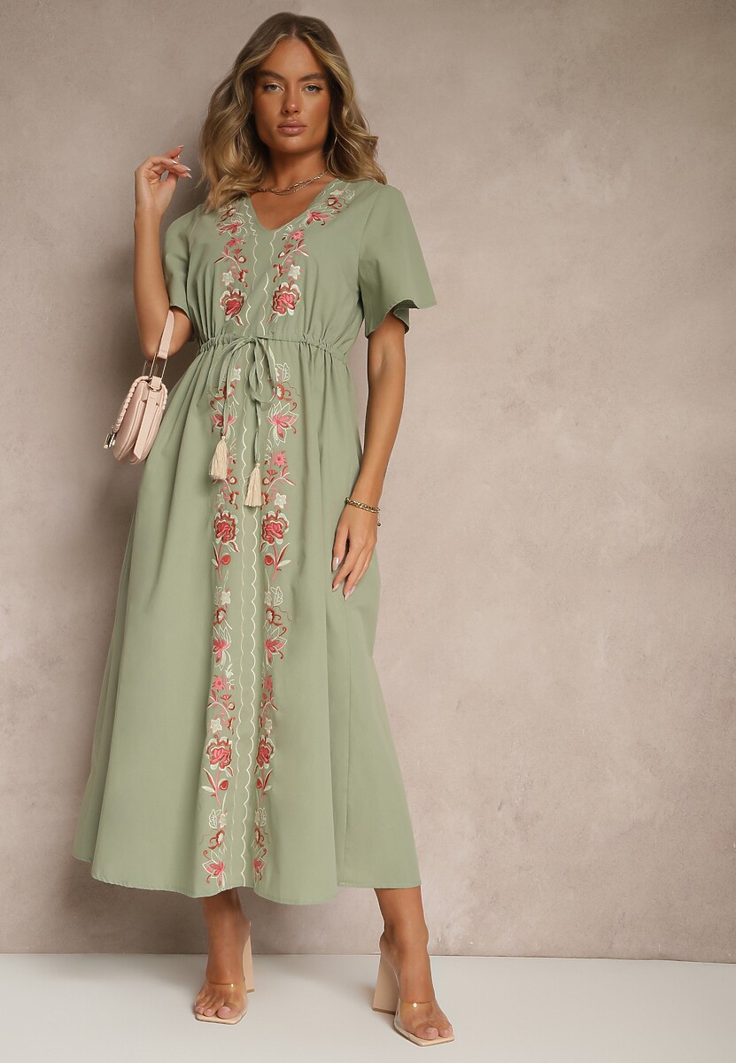 Zielona Rozkloszowana Sukienka z Bawełny w Stylu Boho z Ozdobnym Haftem Sersena