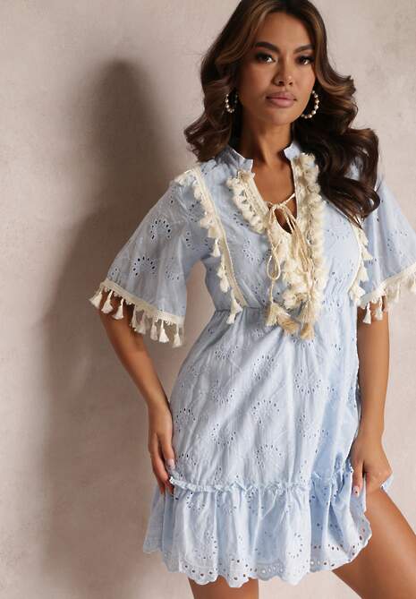 Niebieska Bawełniana Sukienka Boho z Haftem i Sznureczkami Ladora
