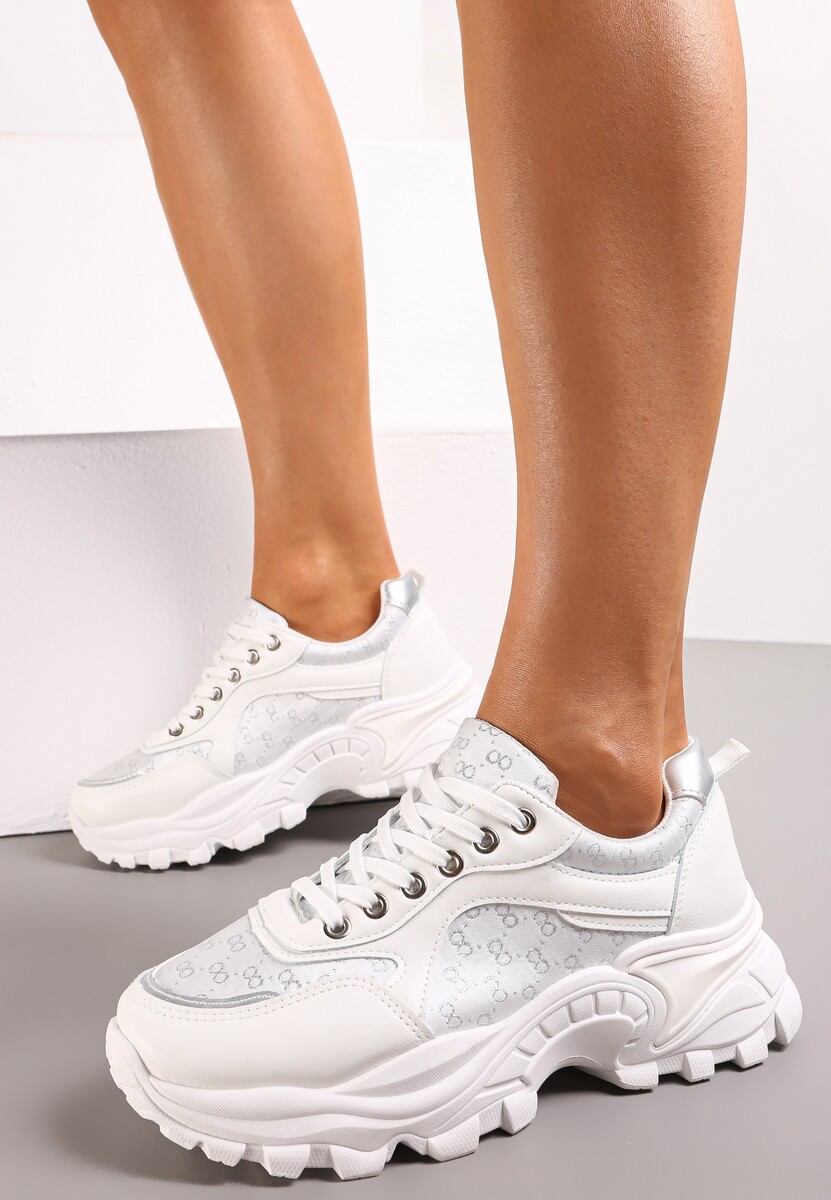 Białe Sneakersy z Metaliczną Nitką na Grubej Podeszwie Melimeda