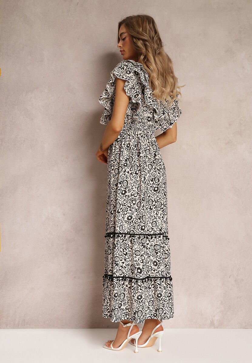 Czarno-Biała Wiskozowa Sukienka Maxi z Falbanką przy Dekolcie i Gumką w Pasie Lamimore