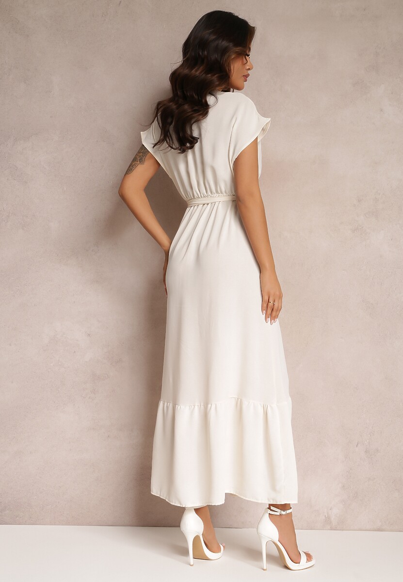 Beżowa Kopertowa Sukienka z Gumką w Talii i Wiązaniem Mylelse