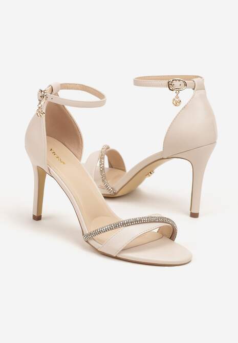 Jasnobeżowe Sandały na Szpilce Vices Ozdobione Paskiem z Cyrkonii Linarunia