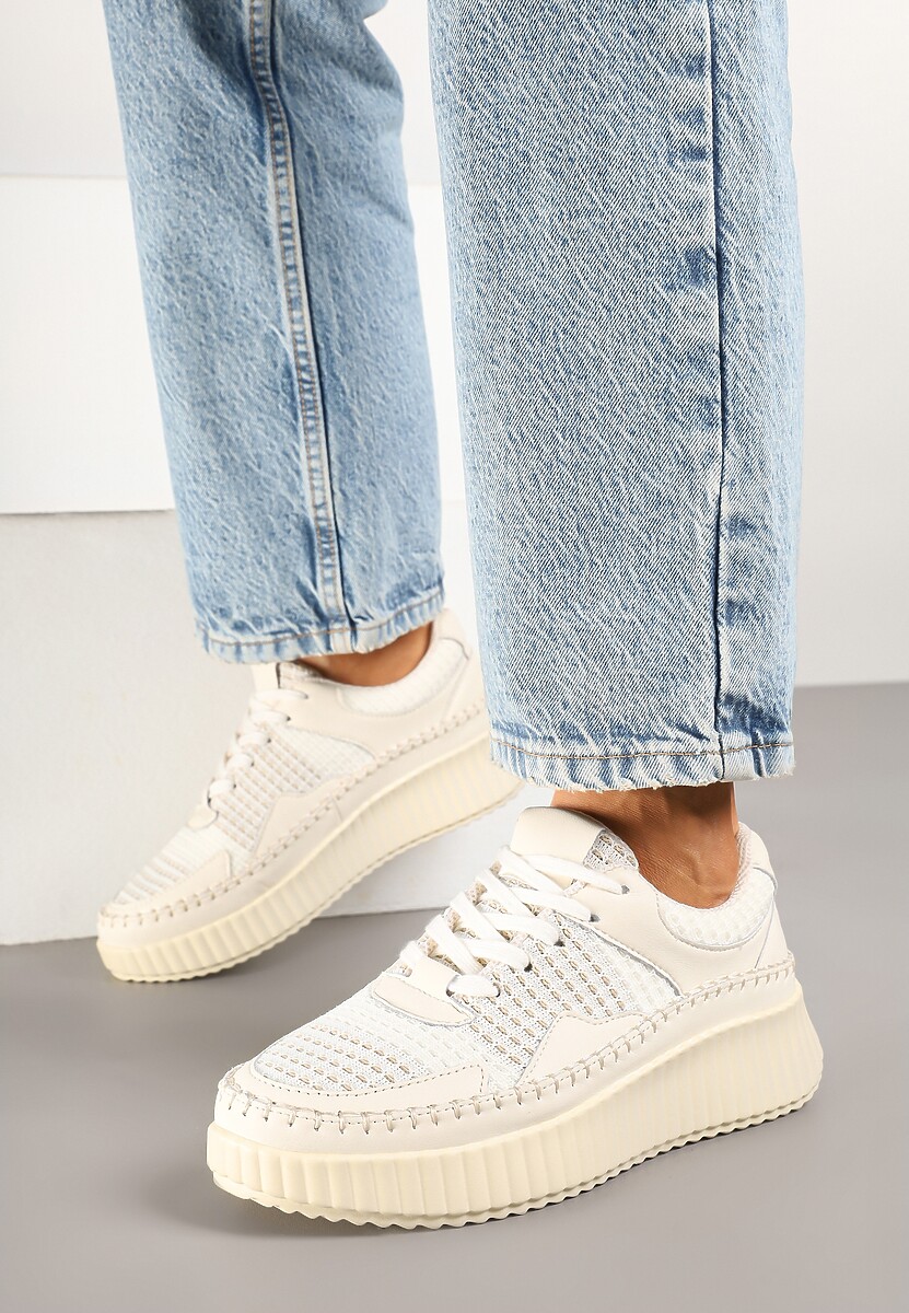 Beżowe Sneakersy z Przeszyciami i Skórzaną Wkładką na Grubej Podeszwie Daliren