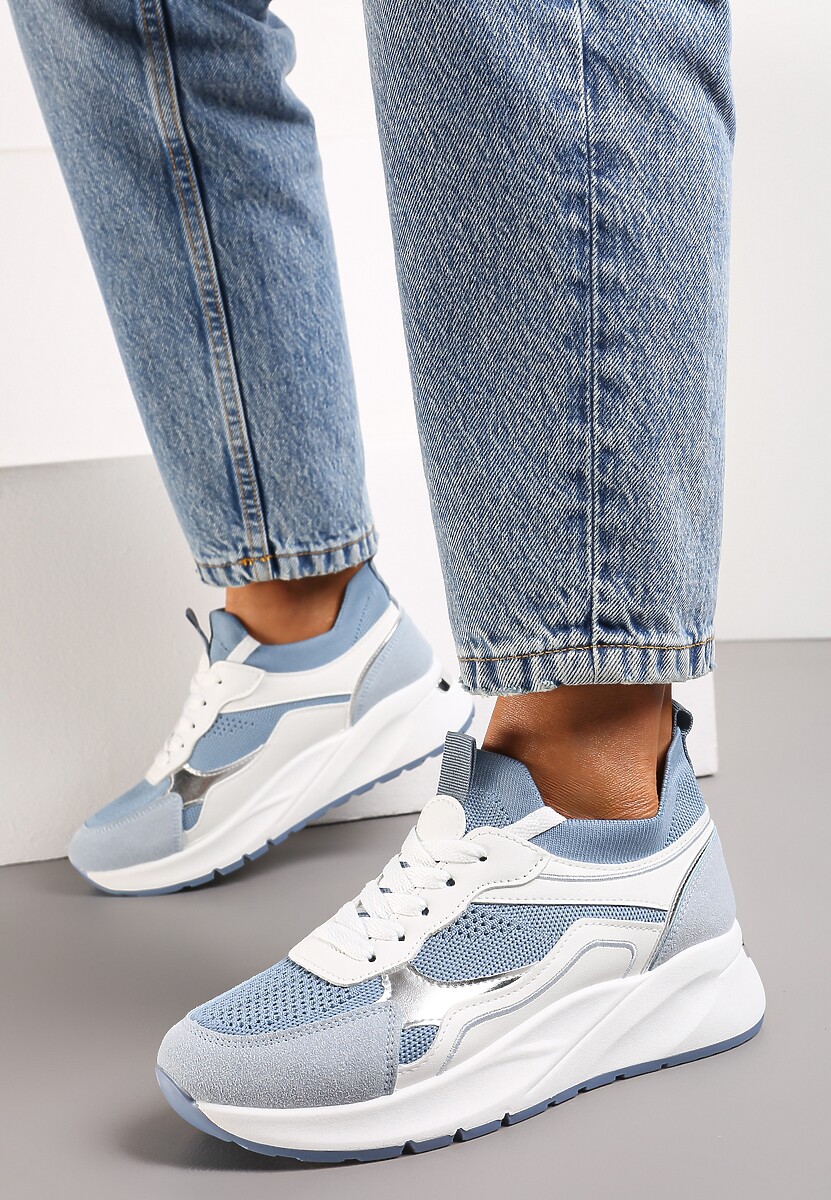 Niebieskie Sznurowane Sneakersy na Grubej Podeszwie z Błyszczącymi Wstawkami Nithirela