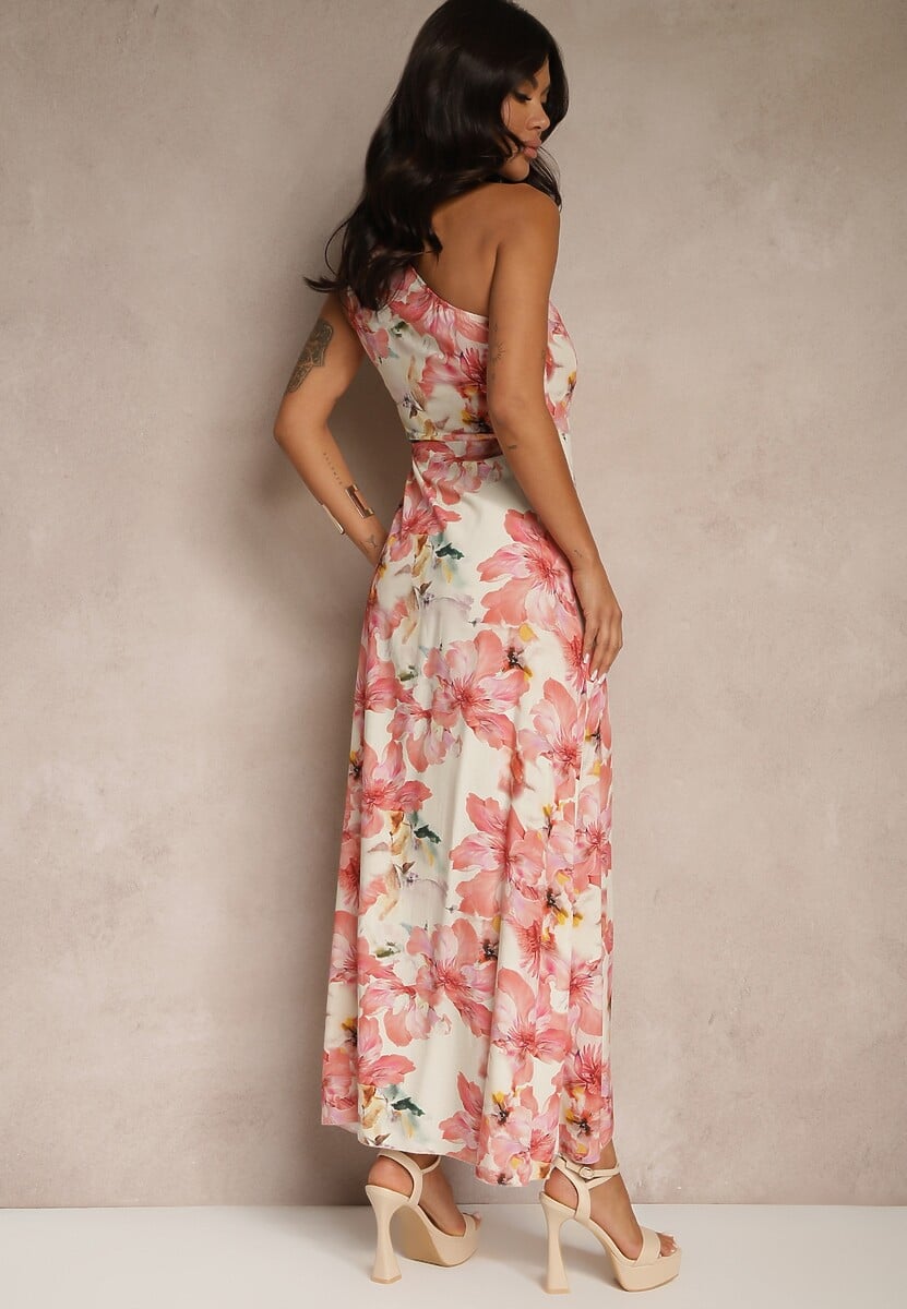 Różowa Asymetryczna Sukienka z Wiskozy w Kwiaty Linive