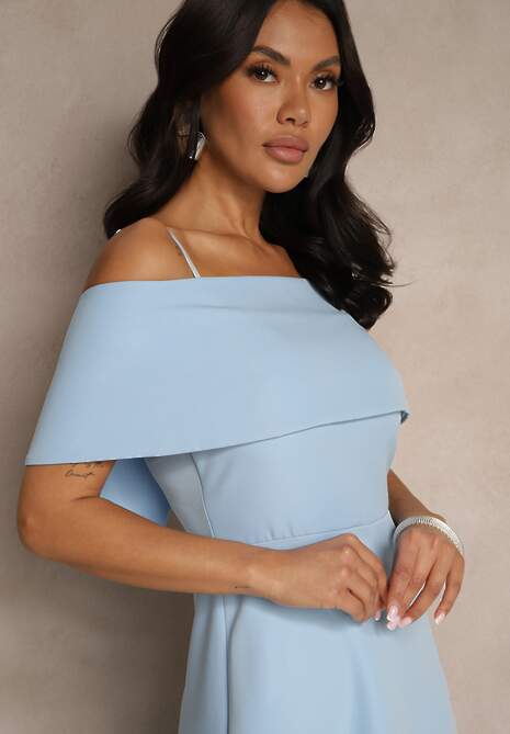 Niebieska Rozkloszowana Sukienka na Ramiączkach z Wywiniętym Dekoltem Jenavitia