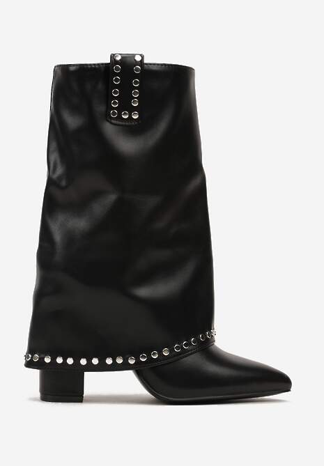 Czarne Botki na Słupku Ozdobione Nitami i Wywiniętą Cholewką Lorelianna