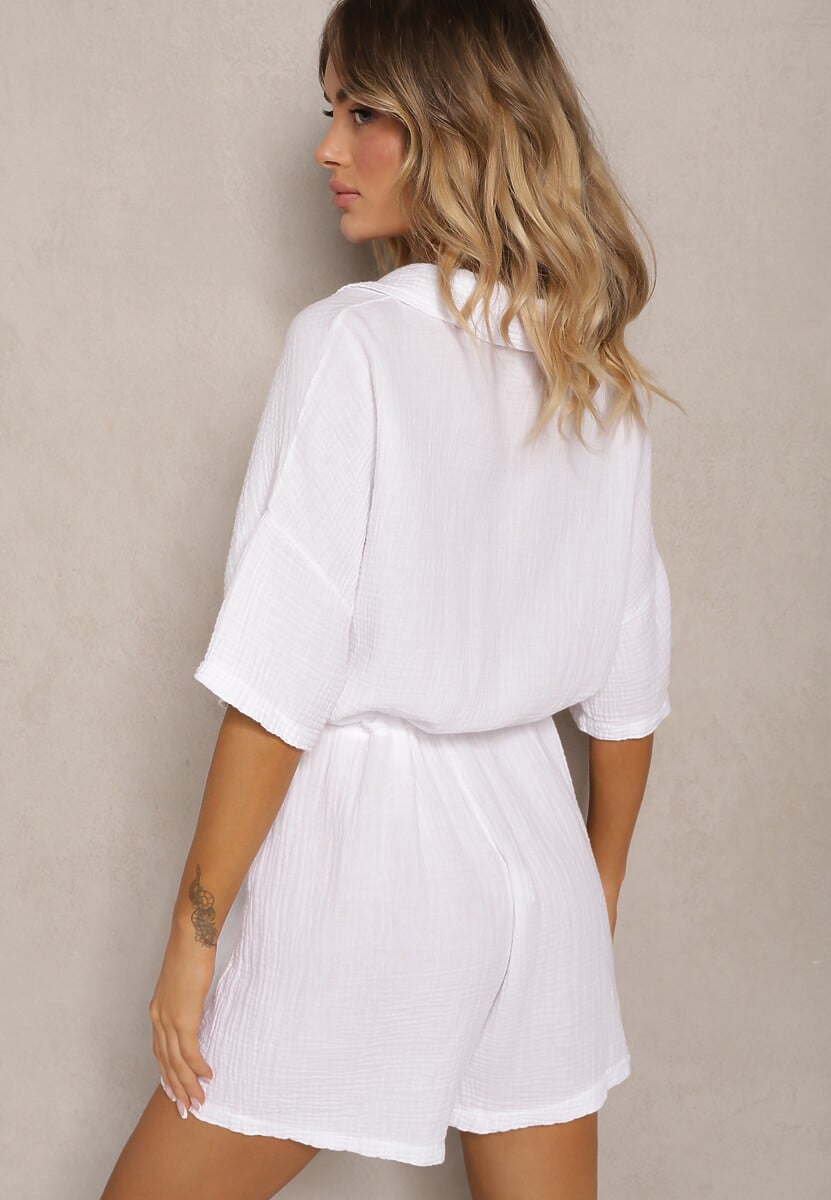 Biały Bawełniany Kombinezon Muślinowy Ozdobiony Troczkami Zapinany na Guziki Dlissa