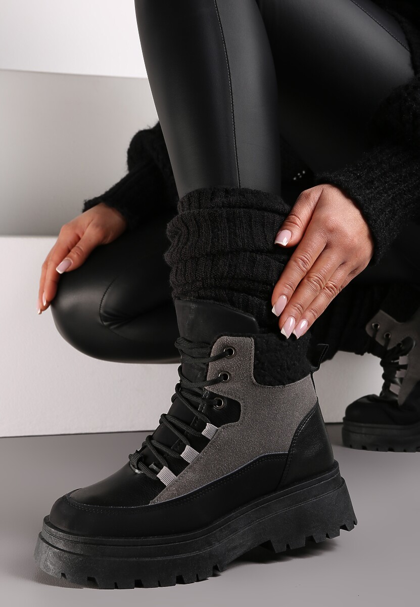 Ciemnobeżowe Traperki  Sznurowane Trapery Janne