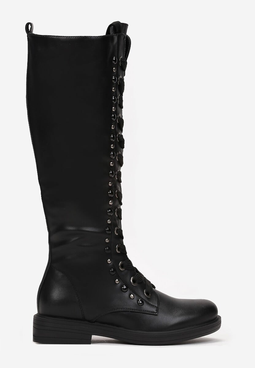 Czarne Kozaki Muszkieterki ze Sznurowaniem Noko