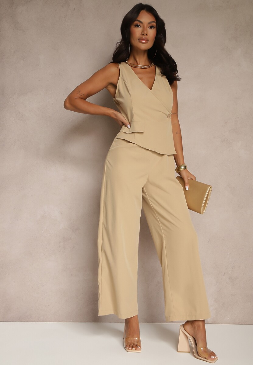 Beżowy Taliowany Kombinezon Elegancki z Dekoltem V Nevianis