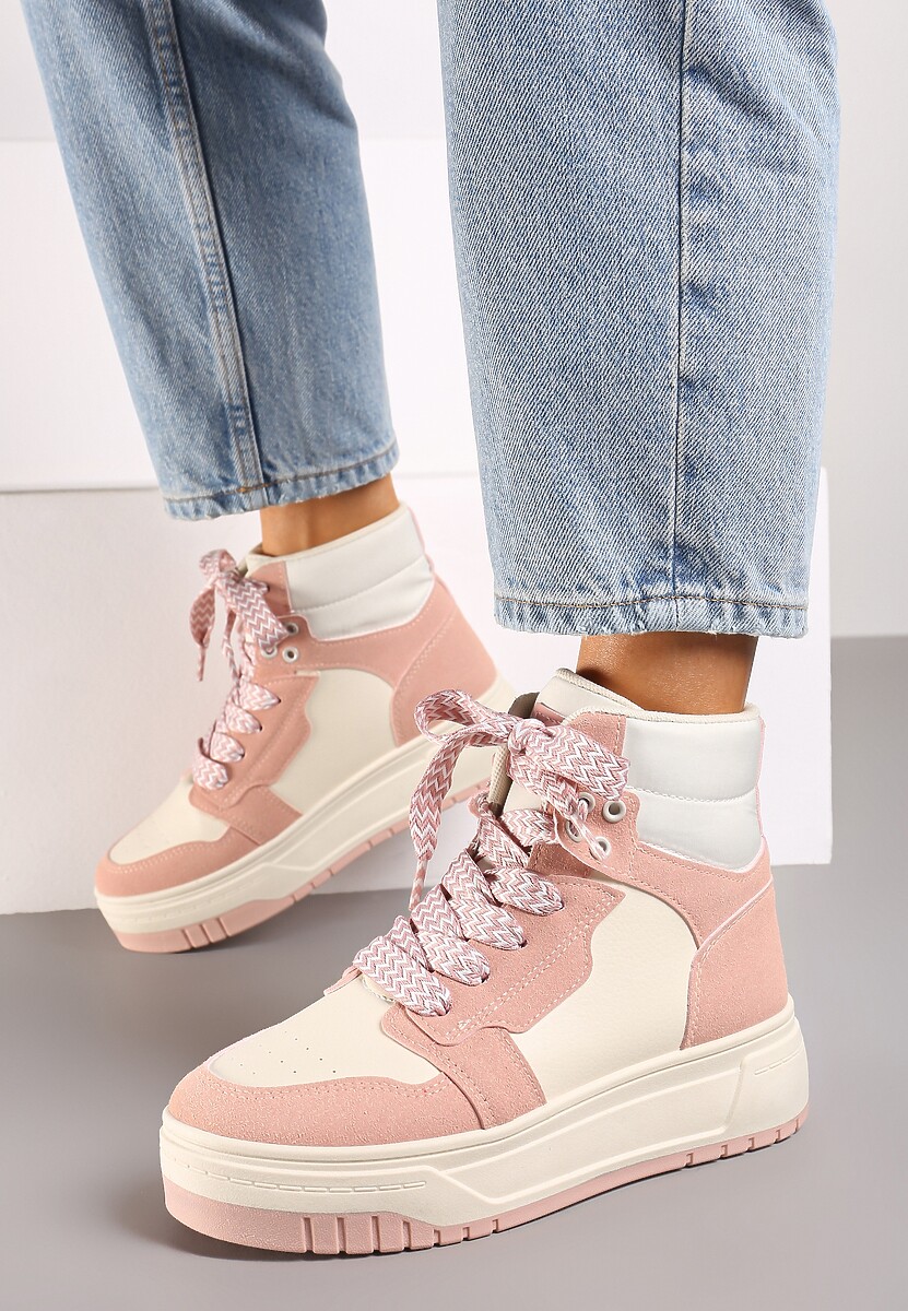 Różowe Sneakersy na Platformie z Wysoką Cholewką Ozdobione Perforacją Mivaria