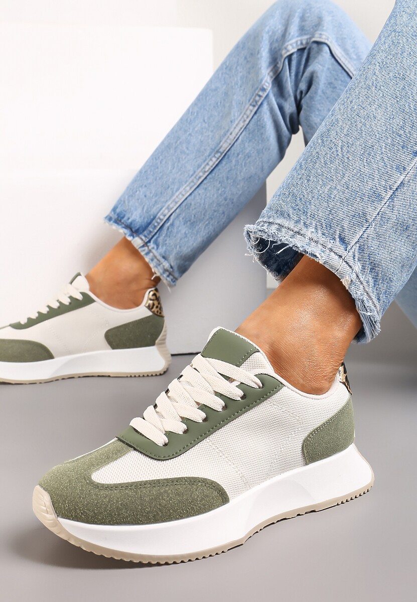 Biało-Zielone Sneakersy na Grubej Podeszwie z Ozdobnymi Przeszyciami i Sznurowaniem Filmia