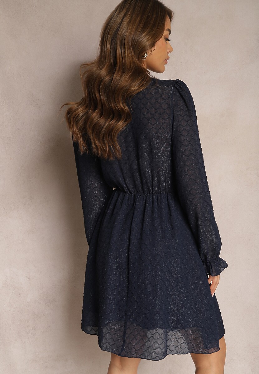 Granatowa Rozkloszowana Sukienka Pokryta Transparentną Tkaniną z Wycięciami po Bokach Cedriona