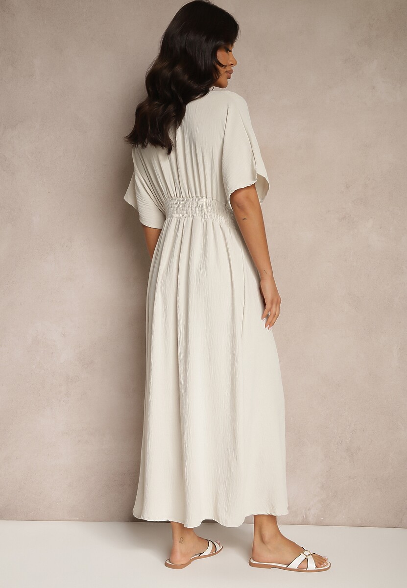 Jasnobeżowa Sukienka z Bawełną i Marszczoną Górą Filaviela