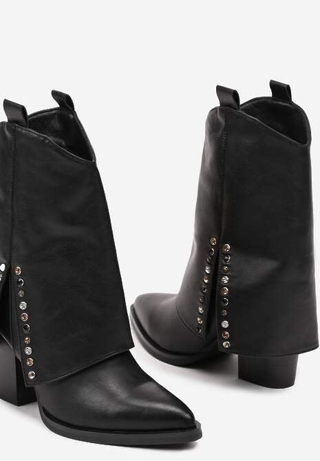 Czarne Botki na Stożkowym Słupku Kowbojki z Wywiniętą Cholewką Mavora