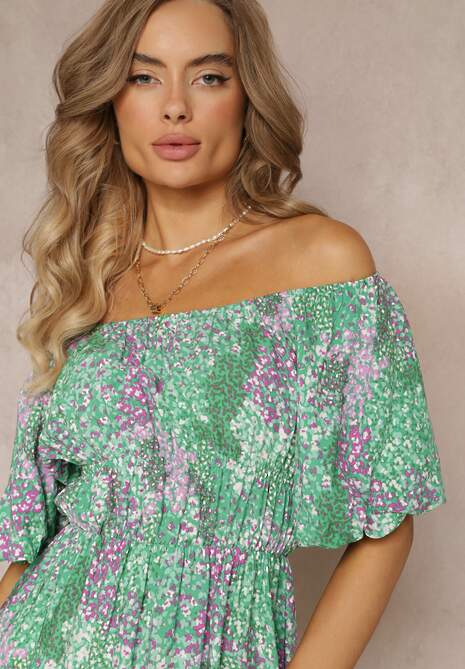 Zielona Sukienka Midi Hiszpanka w Gumką w Pasie z Wiskozy Slaniesa