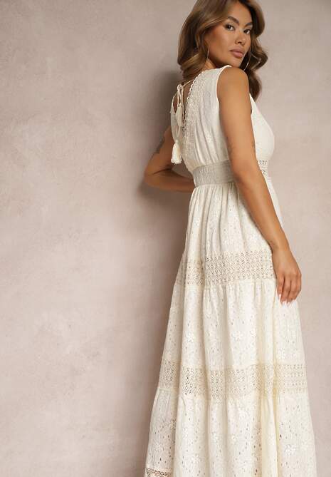 Beżowa Kopertowa Sukienka Maxi z Wiązaniem na Plecach z Koronkowej Tkaniny Sonaia