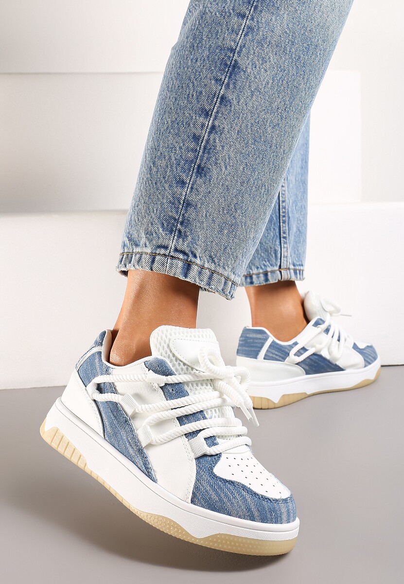 Niebiesko-Białe Sneakersy z Ozdobnymi Sznurówkami na Niskiej Platformie z Perforacją Dearias