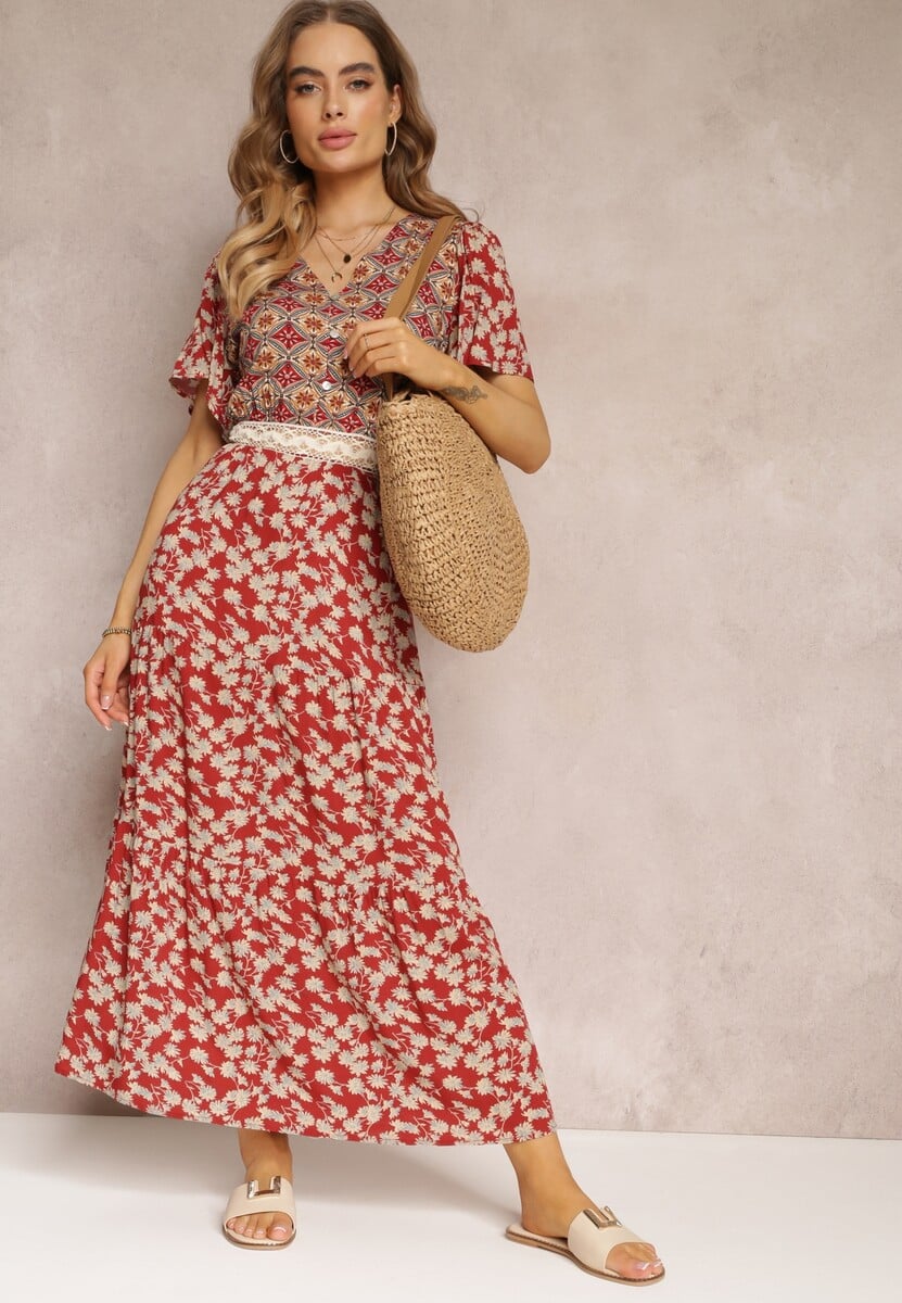 Bordowa Sukienka Rozkloszowana Maxi z Wiskozy Ophitria