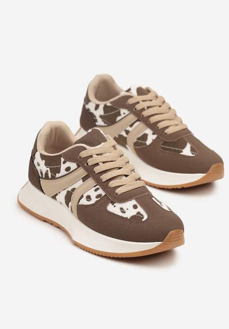 Brązowo-Białe Sneakersy z Geometrycznym Wzorem i Printem w Łaty Velwettia