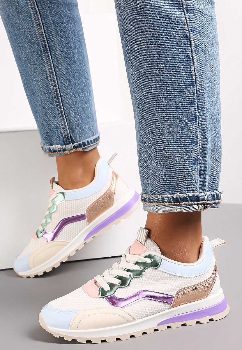 Beżowo-Fioletowe Sneakersy Sznurowane przed Kostkę Taino