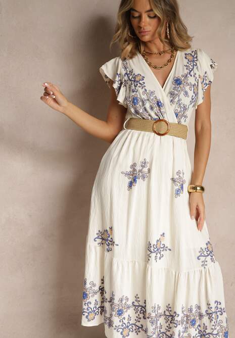 Biało-Niebieska Kopertowa Sukienka z Wiskozy Ozdobiona Haftem i Paskiem Nilatea