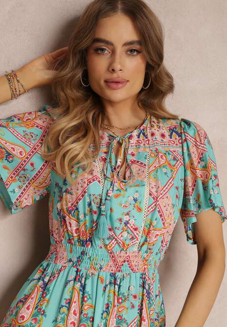 Miętowo-Różowa Wiskozowa Sukienka Mini z Gumkami w Talii i Falbanką na Dole Fraida