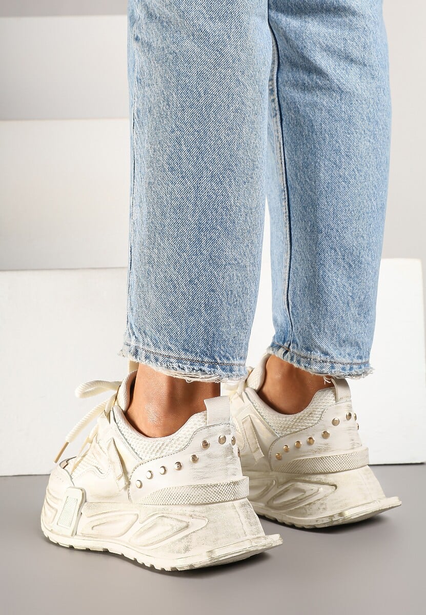 Beżowe Sneakersy na Tłoczonej Platformie z Metalicznymi Wstawkami Eradira