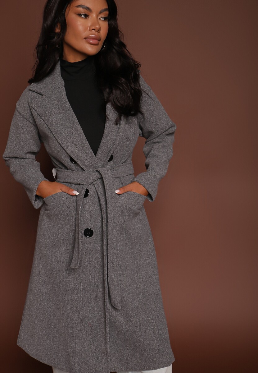 Szary Płaszcz Dwurzędowy Wiązany Meollie