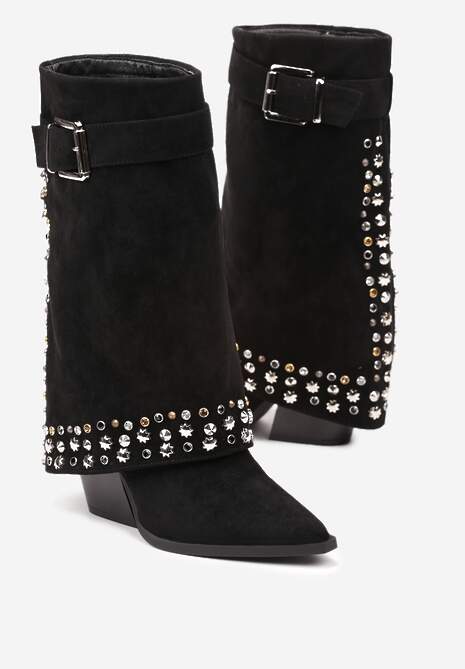 Czarne Ekozamszowe Kozaki na Obcasie z Cholewką Imitującą Nogawkę Ozdobioną Nitami Sagiyana