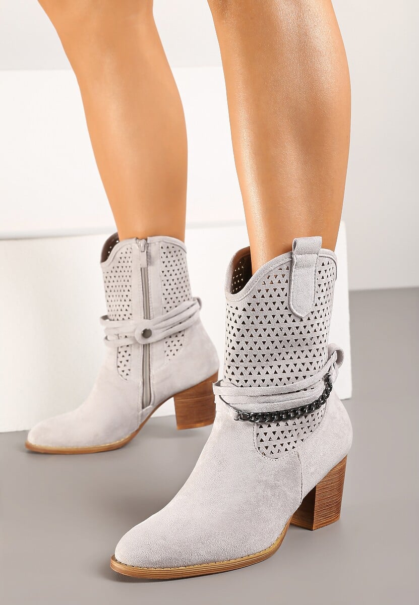 Szare Botki Vices na Słupku w Stylu Kowbojek z Ażurową Cholewką i Paskami Tulifedi