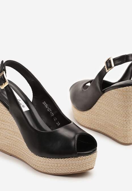 Czarne Sandały na Platformie i Koturnie z Plecionką Eviliora