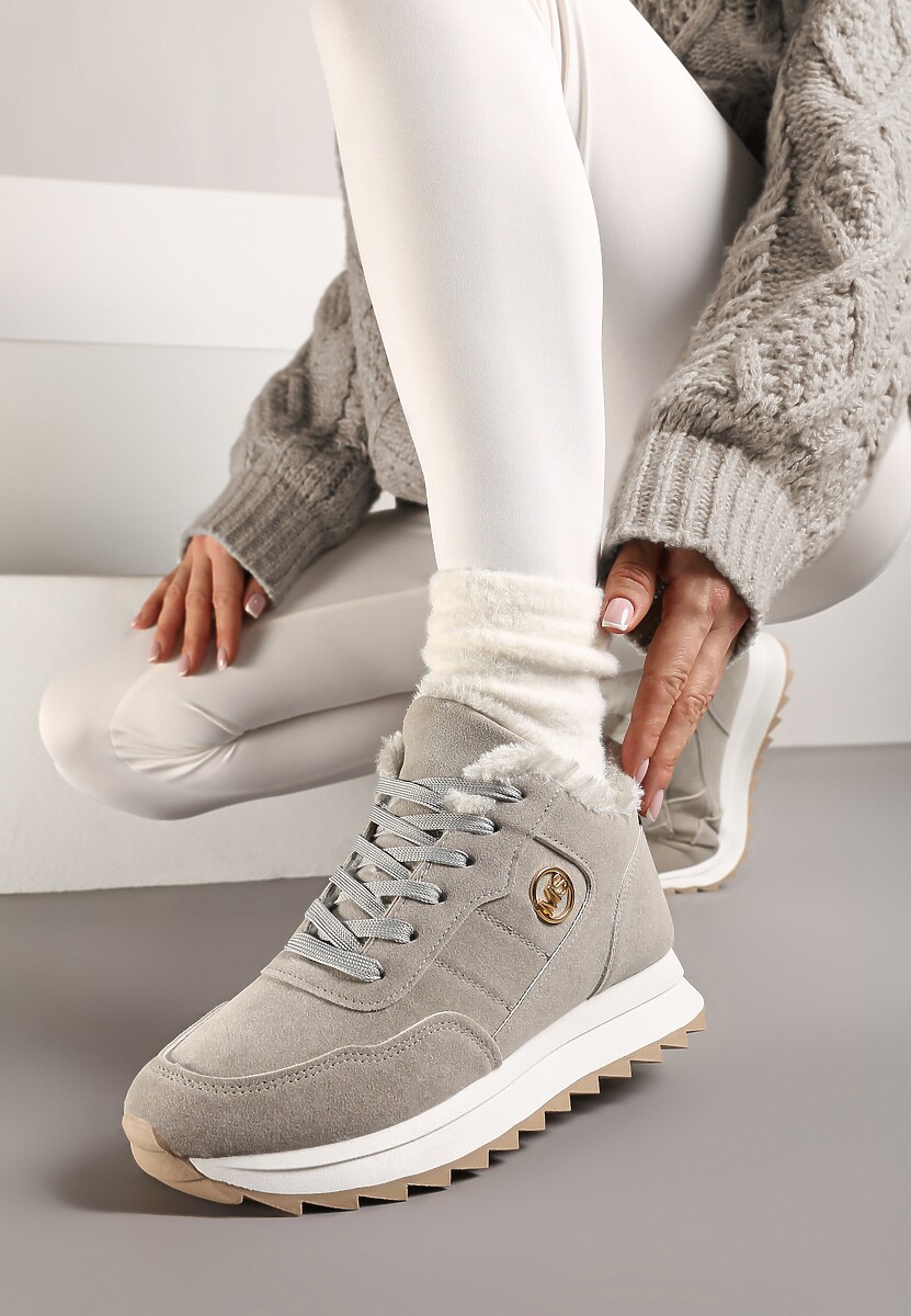 Szare Ocieplane Sneakersy na Platformie Appopis
