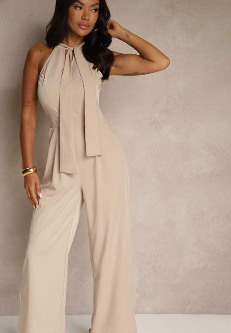 Beżowy Kombinezon Wide Leg z Ozdobnym Wiązaniem przy Szyi Silelia