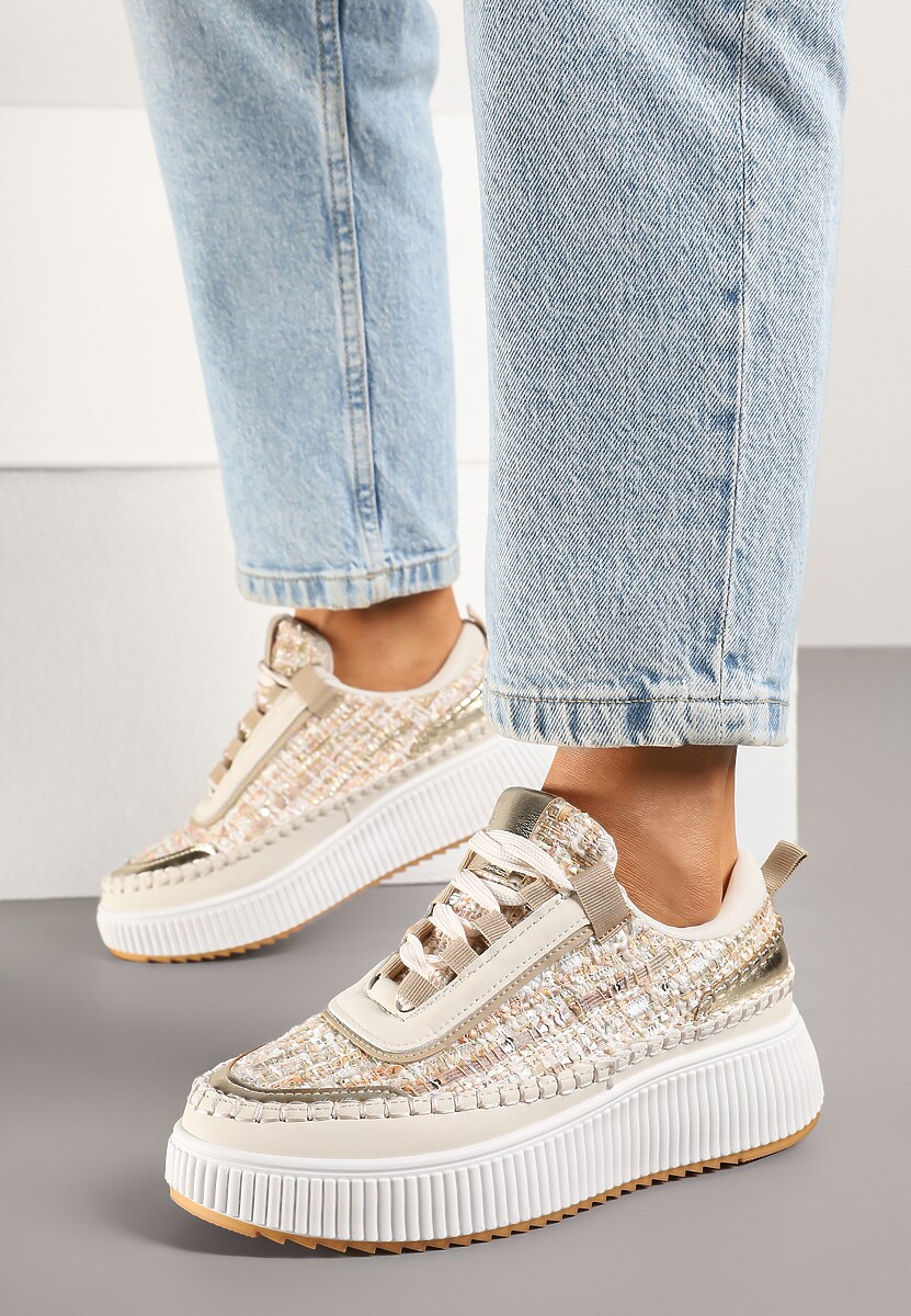 Ciemnobeżowe Sneakersy z Tweedowymi Zdobieniami i Przeszyciami na Platformie Ulandrelia