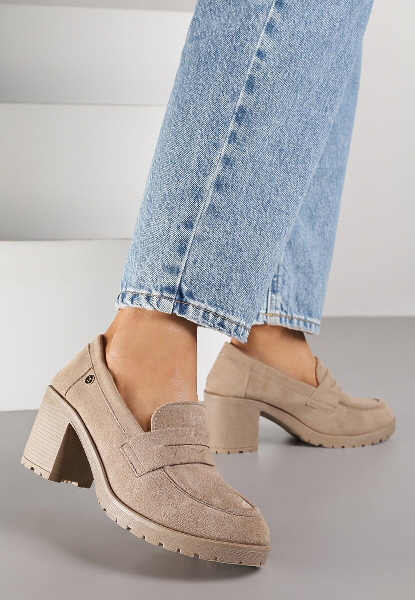 Ciemnobeżowe Półbuty Mokasyny z Ekozamszu na Słupku i Platformie Andarco