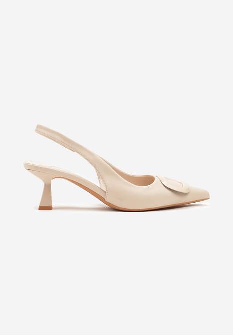 Beżowe Sandały na Szpilce Kaczuszce Slingback z Geometryczną Aplikacją Melanoriel