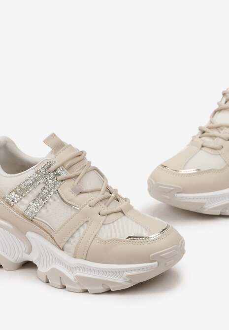 Beżowe Sznurowane Sneakersy na Grubej Podeszwie ze Wstawkami i Brokatem Widgeta